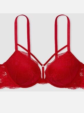 Victoria's Secret Sexy Red Lace Push-Up Bra 32B Fishnet bombshell Mesh lingerie